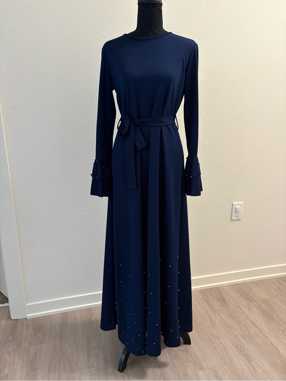 Navy Ruffle Long-Sleeve Maxi Dress with Tie Waist